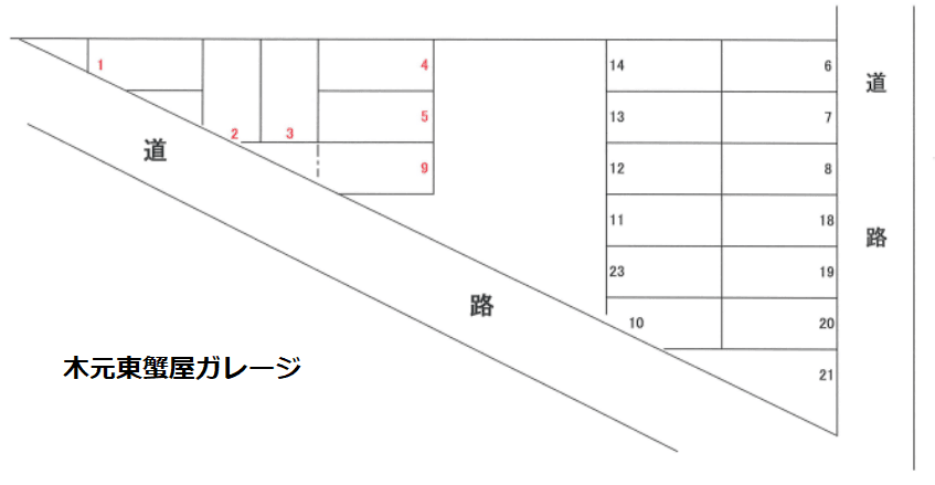 木元東蟹屋ガレージの駐車配置図