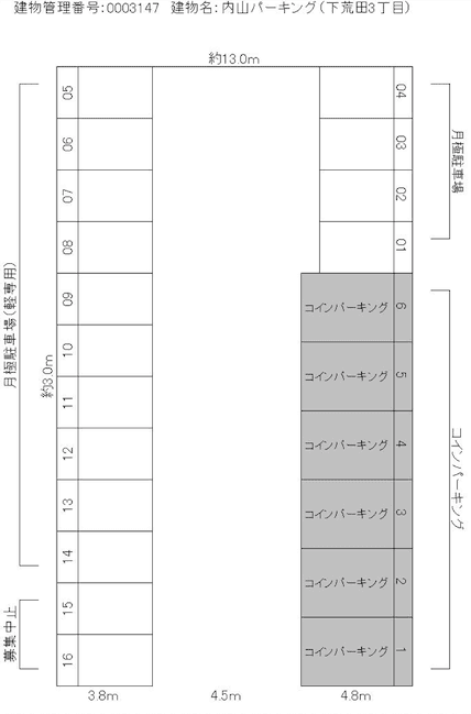 内山パーキング(下荒田3丁目)の駐車配置図