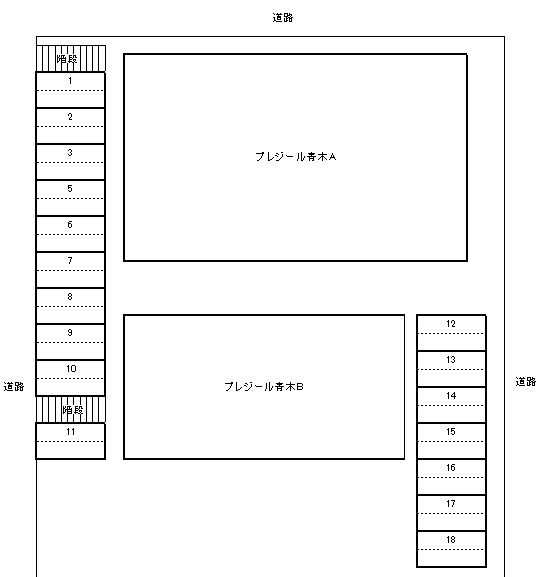 プレジール青木A棟・B棟駐車場の駐車配置図