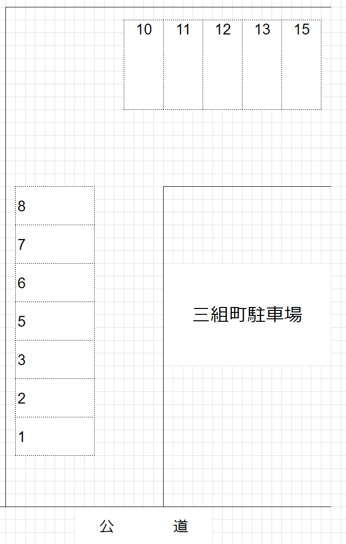 三組町駐車場 No1〜8の駐車配置図