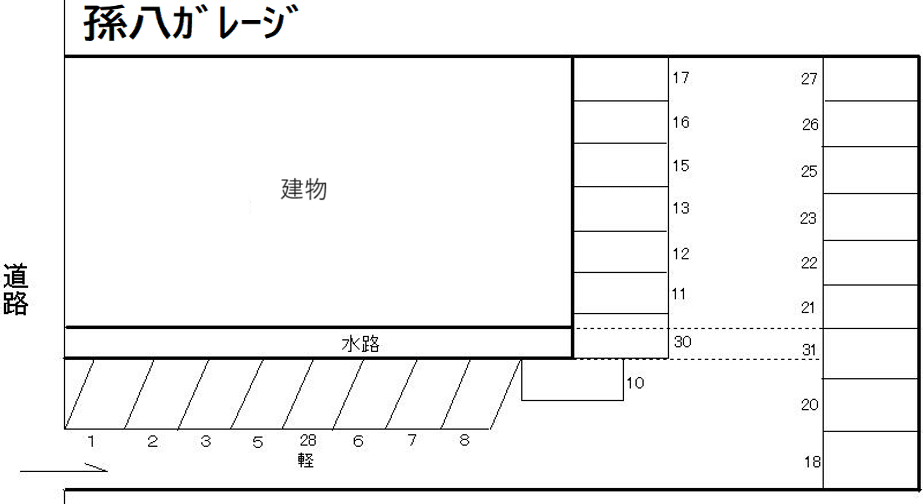 孫八ガレージの駐車配置図