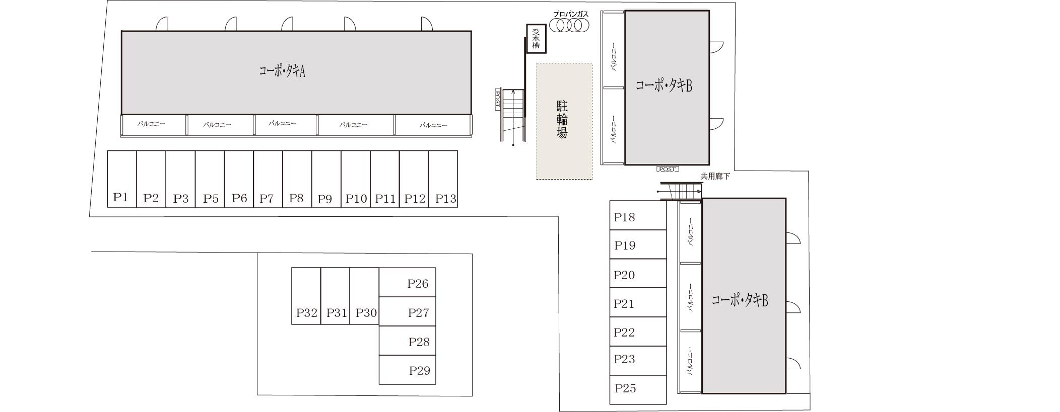 コーポ・タキ敷地内駐車場の駐車配置図