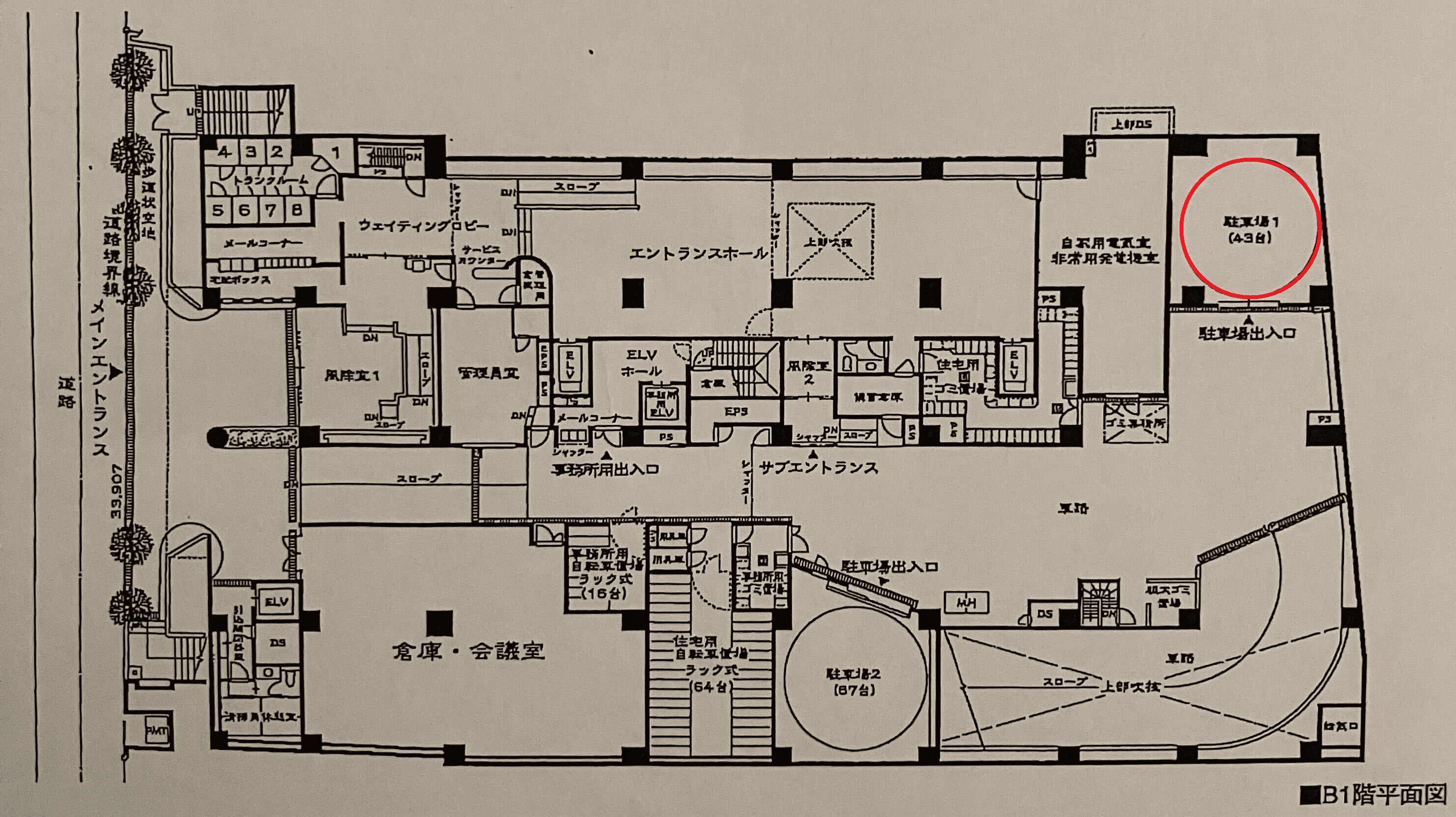 パルシオ五番町KUビル地下駐車場 1号機の駐車配置図