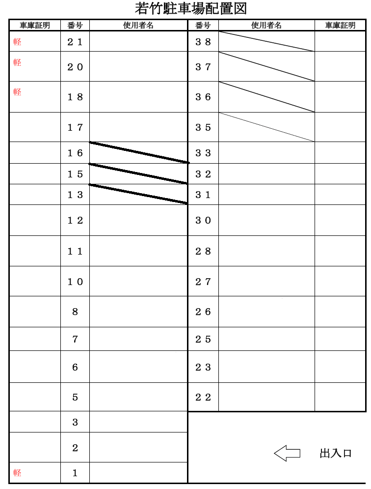 若竹駐車場の駐車配置図